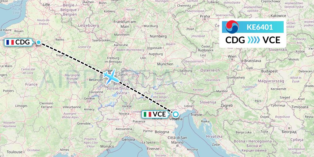 KE6401 Korean Air Flight Map: Paris to Venice