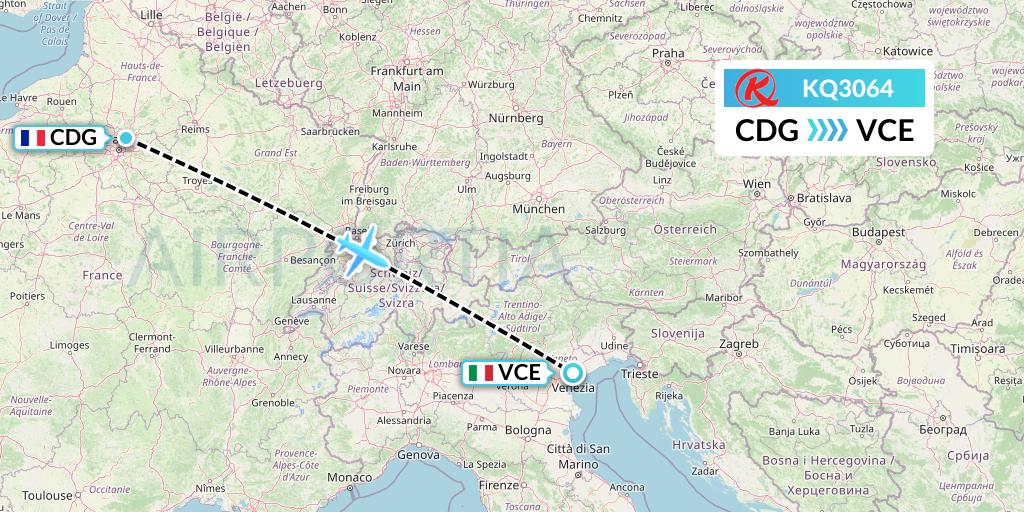 KQ3064 Kenya Airways Flight Map: Paris to Venice