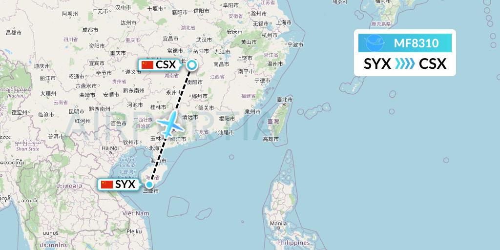 MF8310 Xiamen Airlines Flight Map: Sanya to Changsha