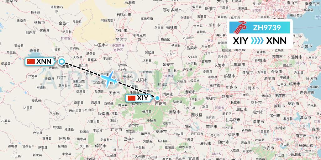 ZH9739 Shenzhen Airlines Flight Map: Xi'an to Xining