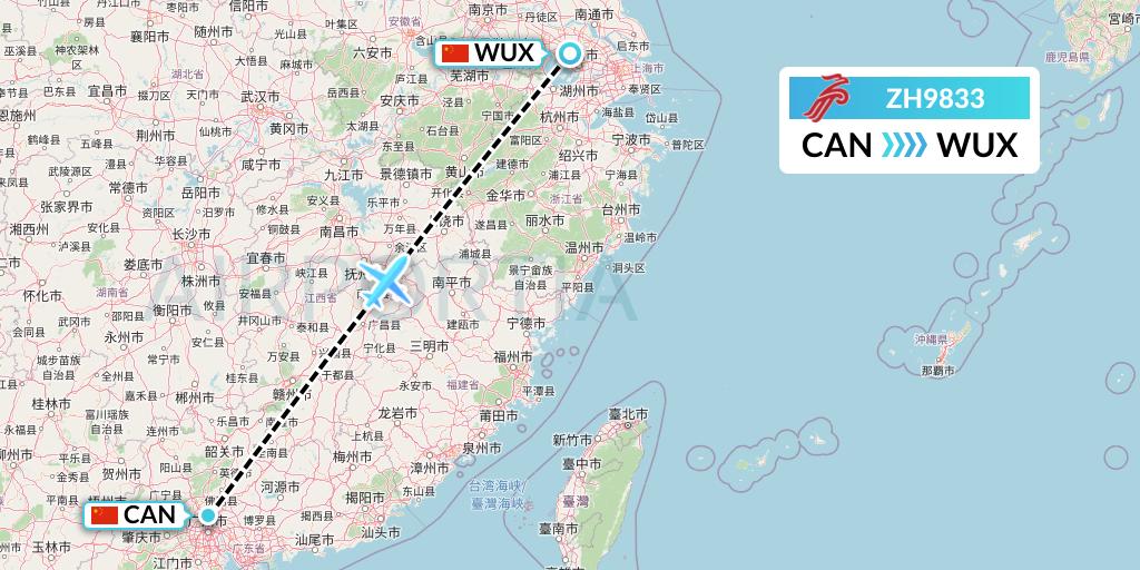 ZH9833 Shenzhen Airlines Flight Map: Guangzhou to Wuxi