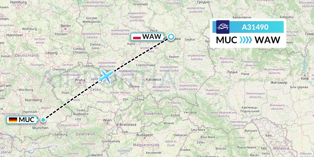 A31490 Aegean Airlines Flight Map: Munich to Warsaw