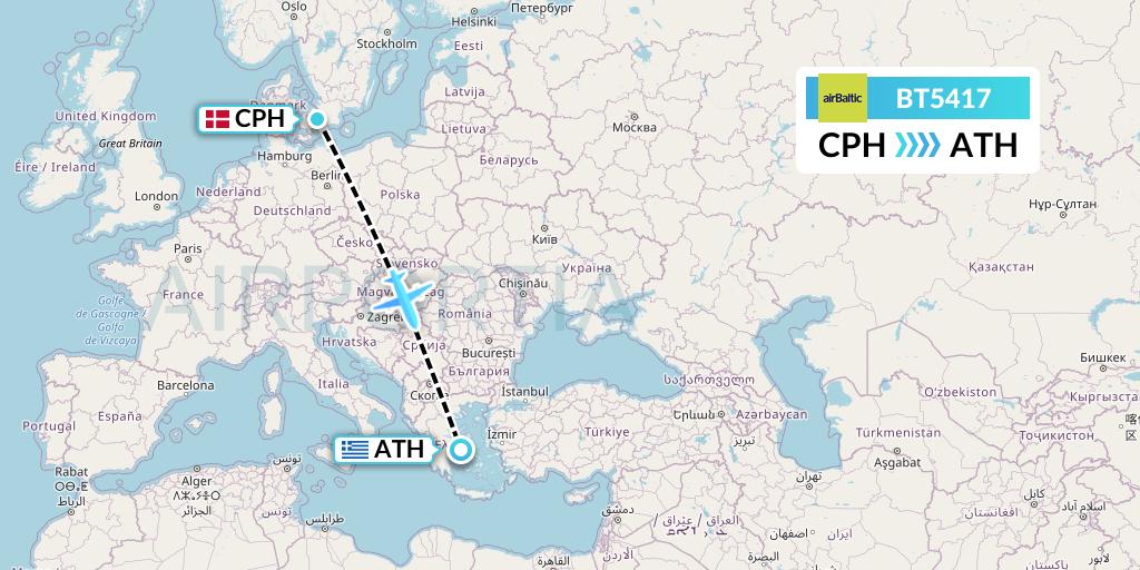 BT5417 Air Baltic Flight Map: Copenhagen to Athens