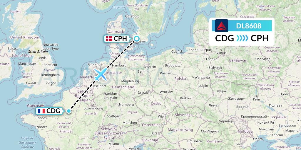 DL8608 Delta Air Lines Flight Map: Paris to Copenhagen