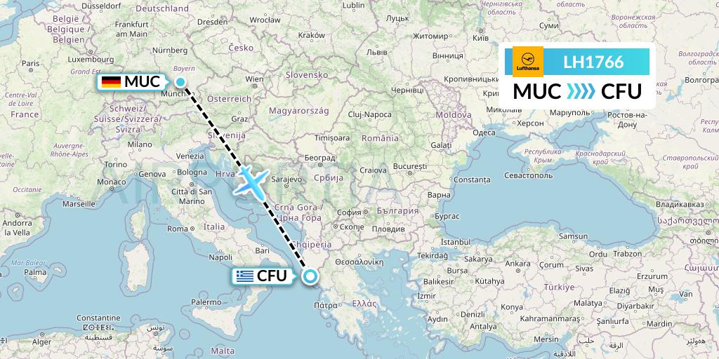 LH1766 Lufthansa Flight Map: Munich to Corfu