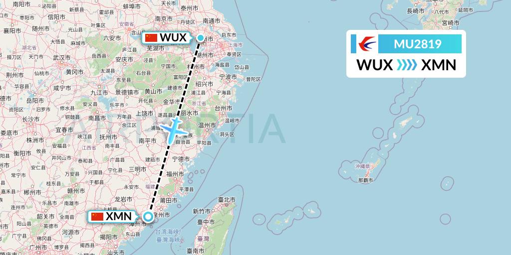 MU2819 China Eastern Airlines Flight Map: Wuxi to Xiamen