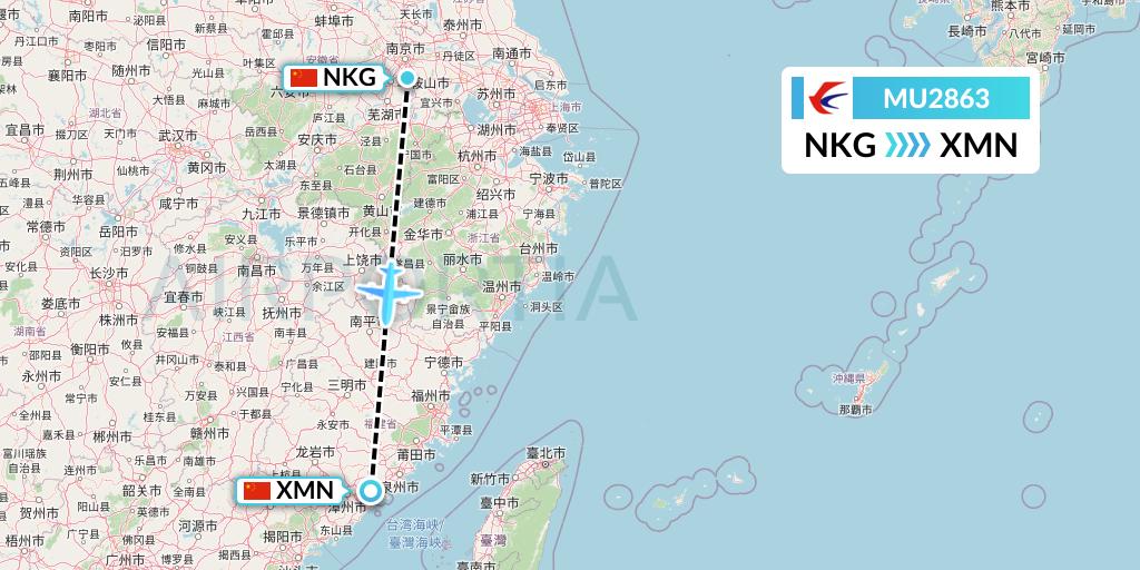 MU2863 China Eastern Airlines Flight Map: Nanjing to Xiamen