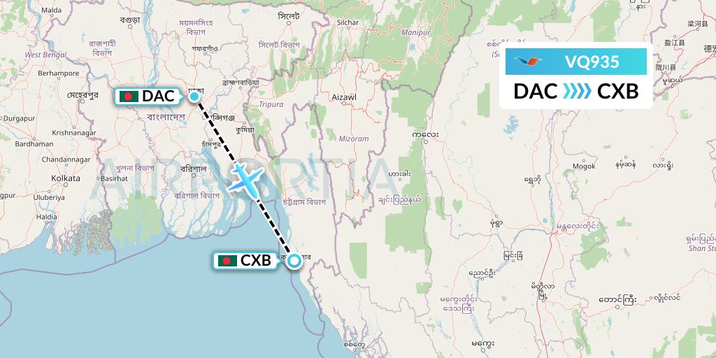 VQ935 Novoair Flight Map: Dhaka to Cox's Bazar