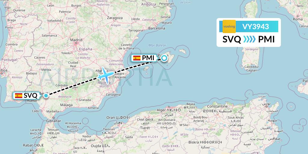VY3943 Vueling Flight Map: Seville to Palma de Mallorca