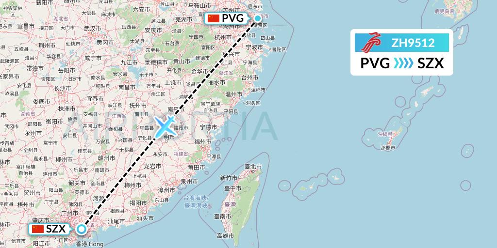ZH9512 Shenzhen Airlines Flight Map: Shanghai to Shenzhen