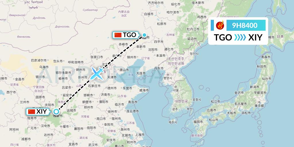 9H8400 Air Changan Flight Map: Tongliao to Xi'an