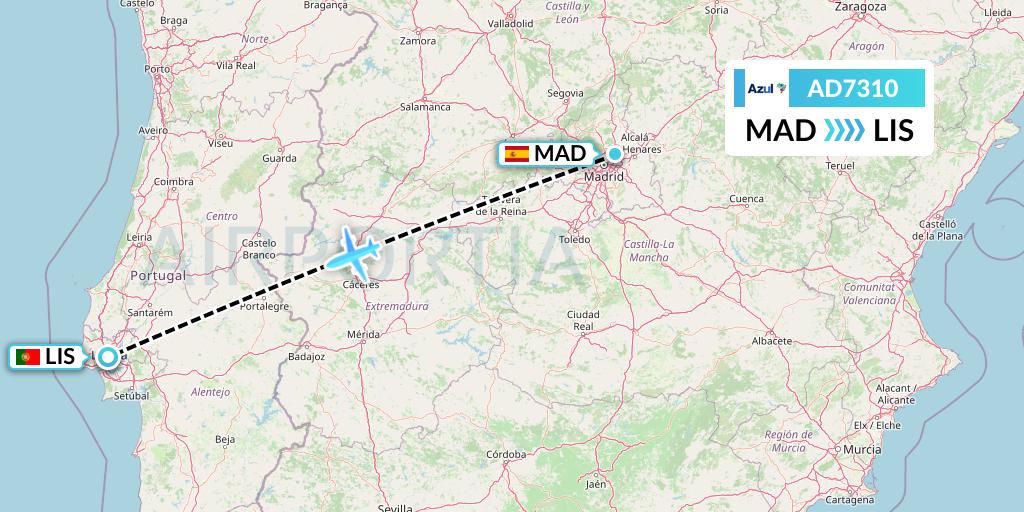 AD7310 Azul Brazilian Airlines Flight Map: Madrid to Lisbon