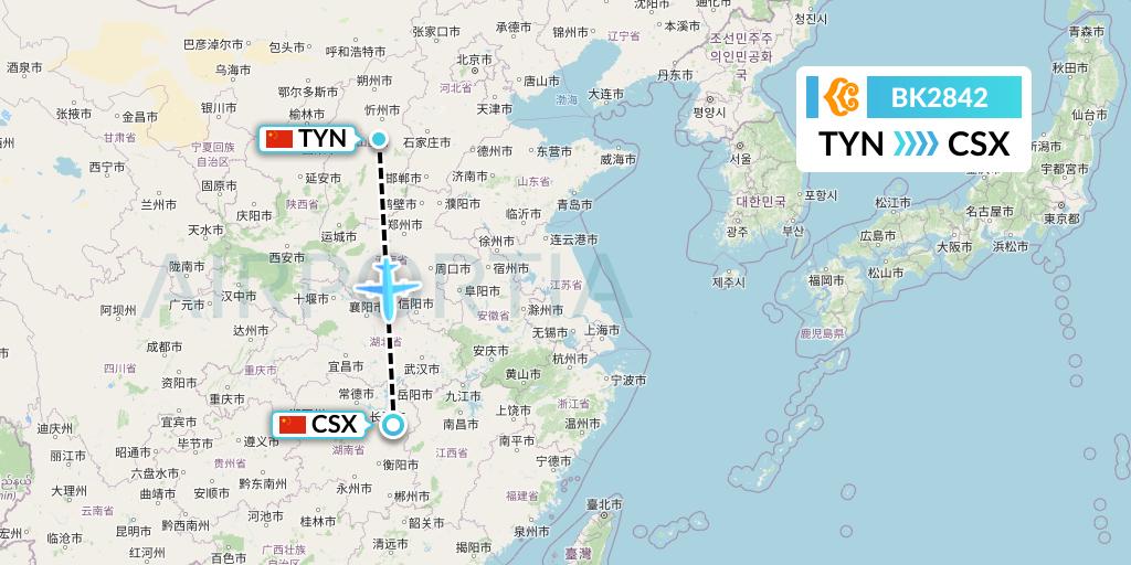 BK2842 Okay Airways Flight Map: Taiyuan to Changsha