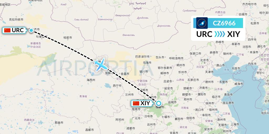 CZ6966 China Southern Airlines Flight Map: Urumqi to Xi'an