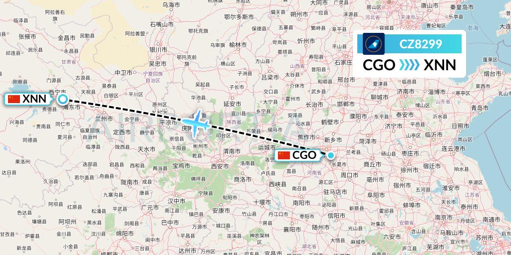 CZ8299 China Southern Airlines Flight Map: Zhengzhou to Xining