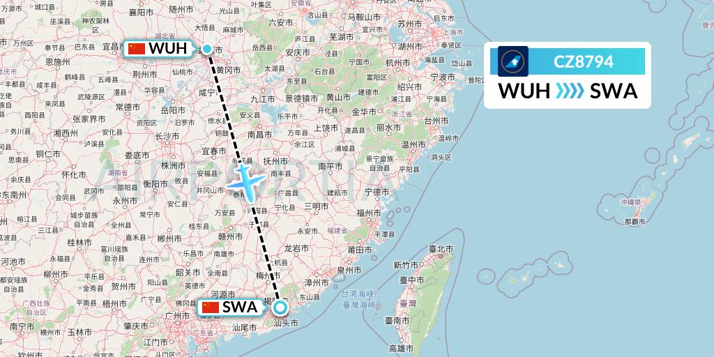 CZ8794 China Southern Airlines Flight Map: Wuhan to Jieyang