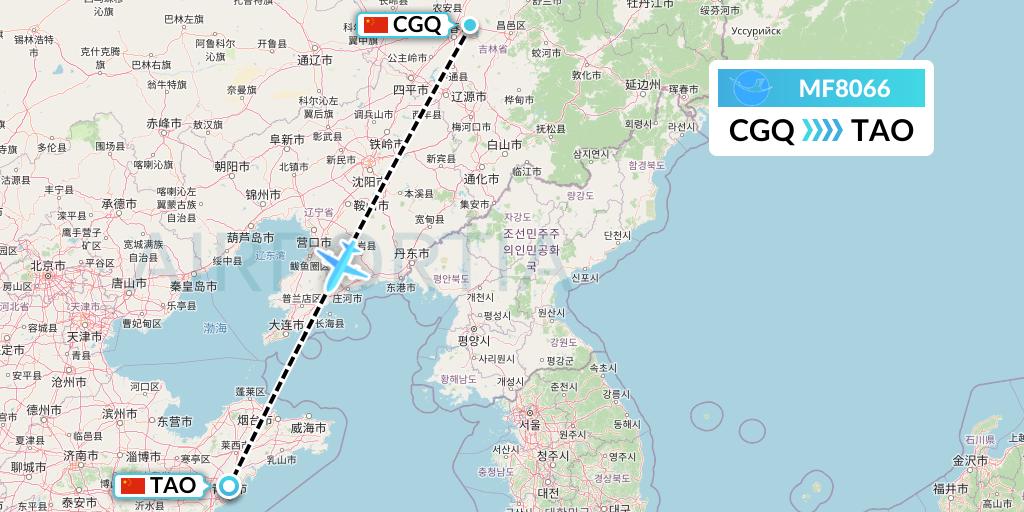 MF8066 Xiamen Airlines Flight Map: Changchun to Qingdao