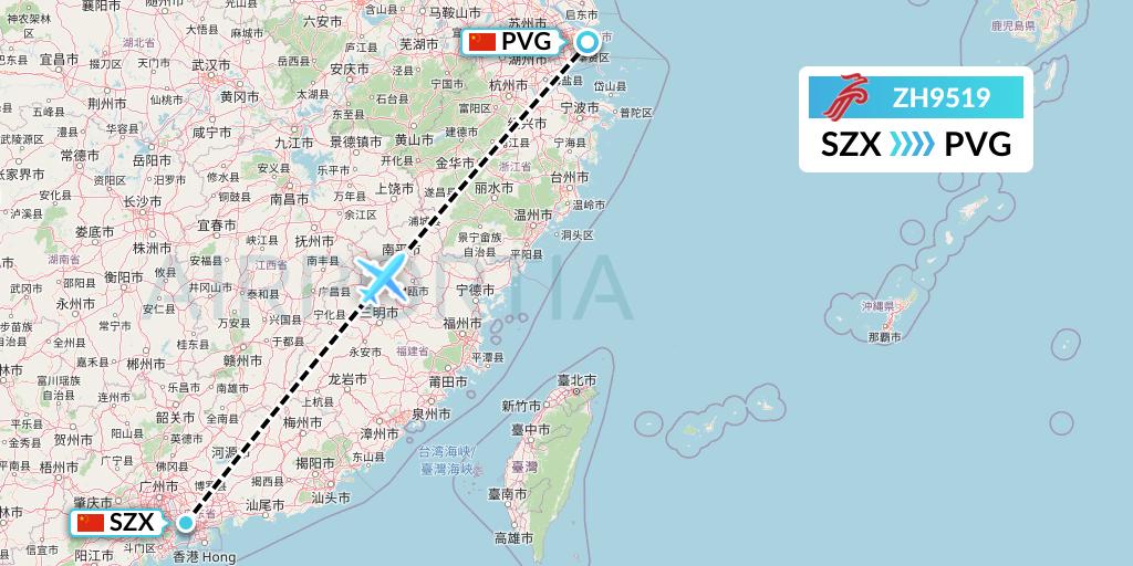 ZH9519 Shenzhen Airlines Flight Map: Shenzhen to Shanghai