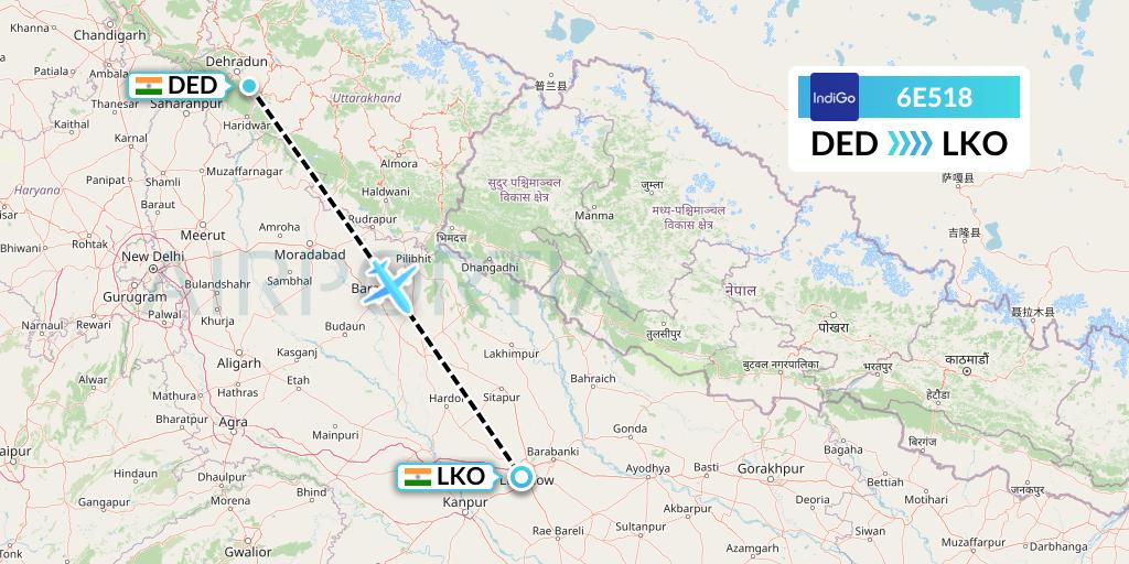 6E518 IndiGo Airlines Flight Map: Dehradun to Lucknow
