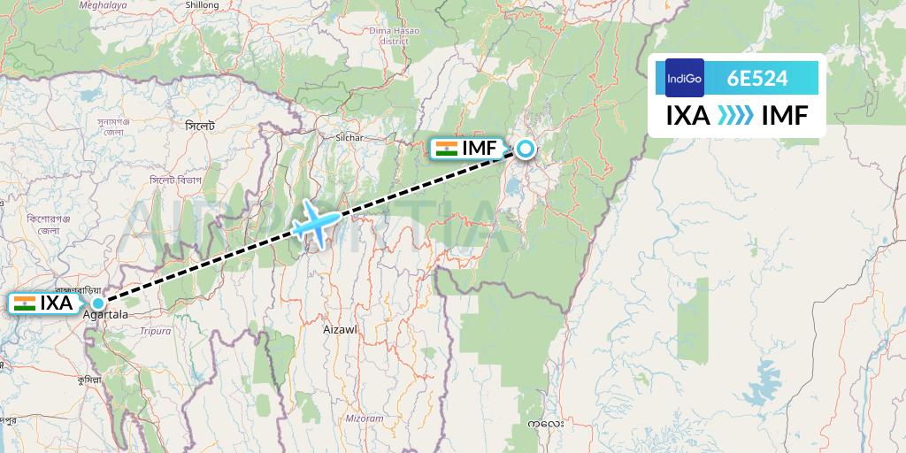 6E524 IndiGo Airlines Flight Map: Agartala to Imphal