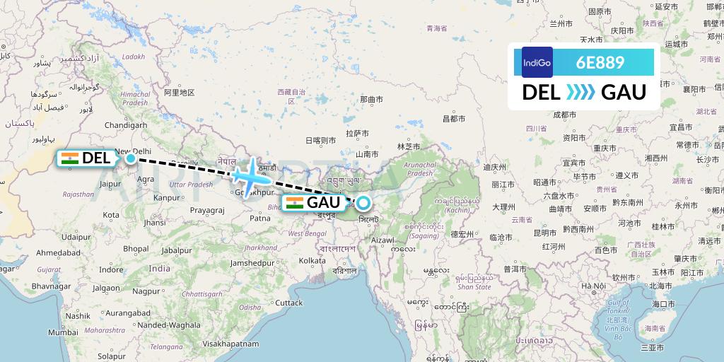 6E889 IndiGo Airlines Flight Map: Delhi to Guwahati