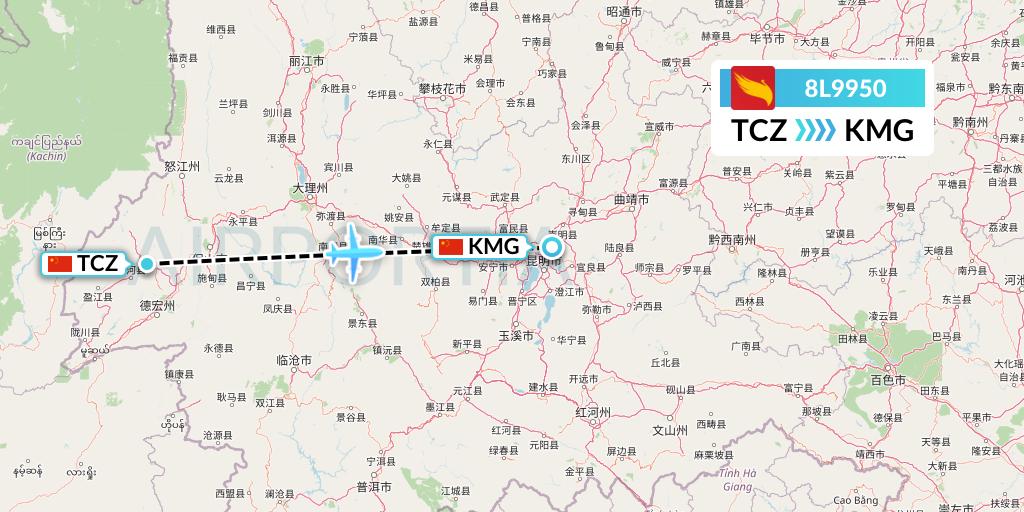 8L9950 Lucky Air Flight Map: Tengchong to Kunming