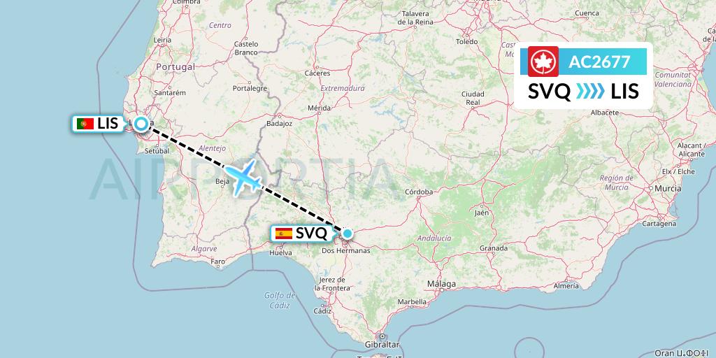 AC2677 Air Canada Flight Map: Seville to Lisbon