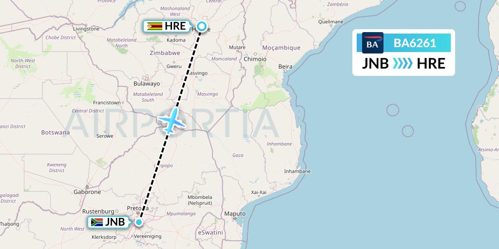BA6261 British Airways Flight Map: Johannesburg to Harare
