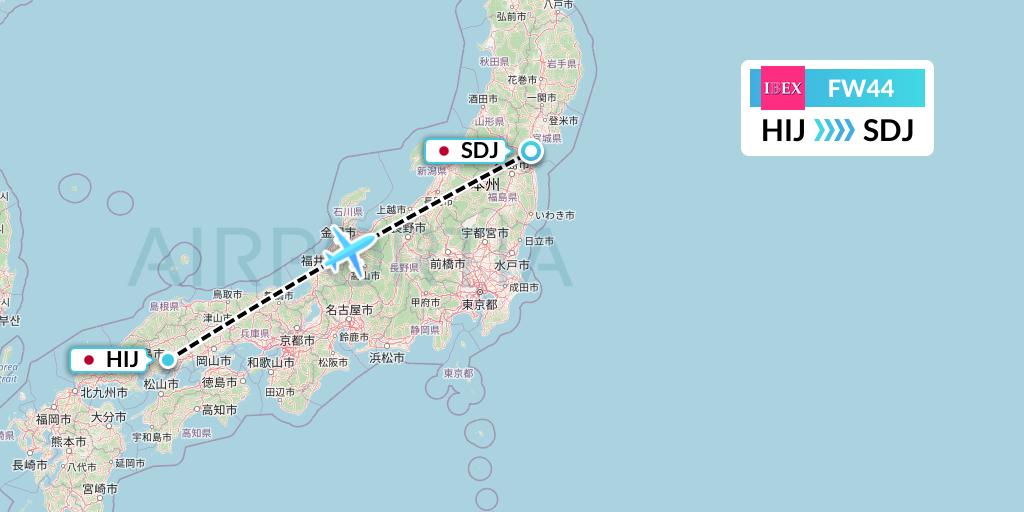 FW44 Ibex Airlines Flight Map: Hiroshima to Sendai