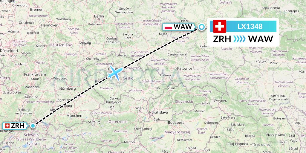 LX1348 Swiss Flight Map: Zurich to Warsaw