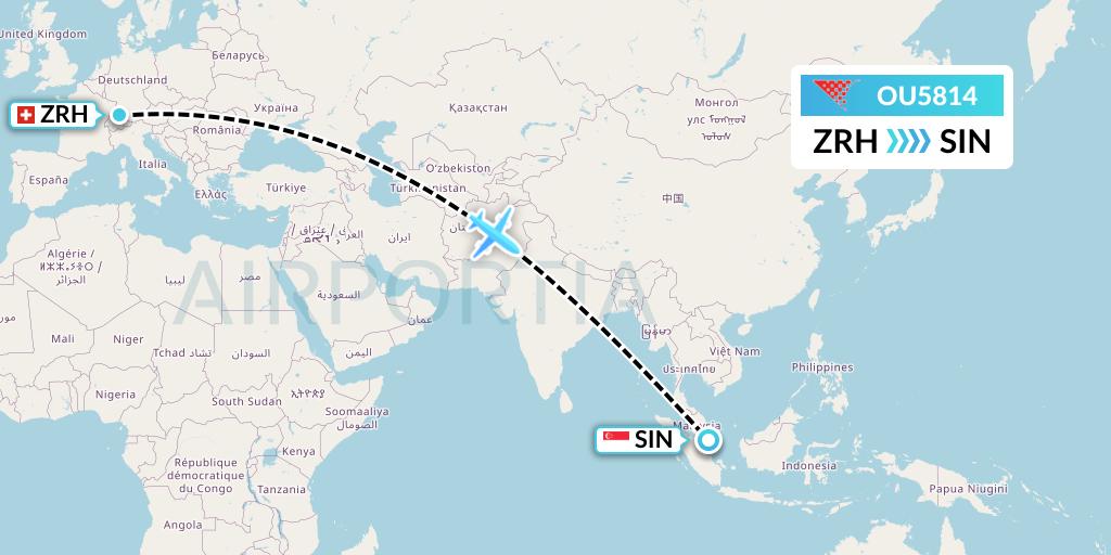 OU5814 Croatia Airlines Flight Map: Zurich to Singapore