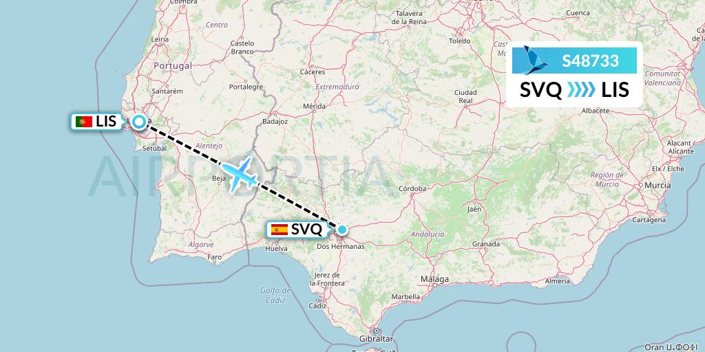 S48733 Azores Airlines Flight Map: Seville to Lisbon