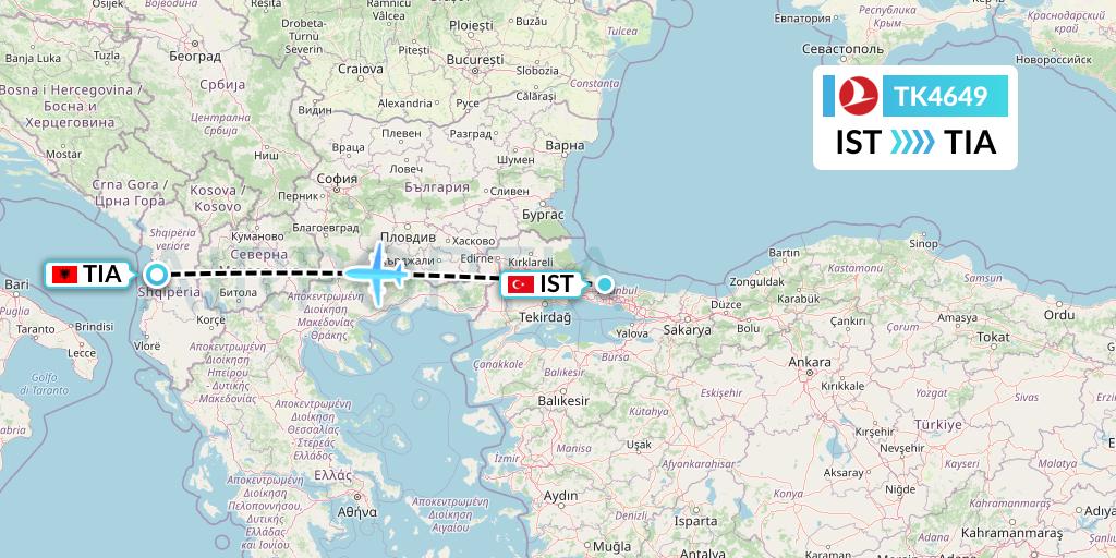 TK4649 Turkish Airlines Flight Map: Istanbul to Tirana
