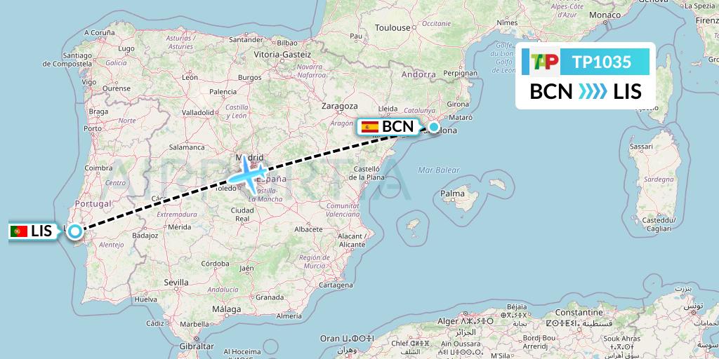 TP1035 TAP Portugal Flight Map: Barcelona to Lisbon
