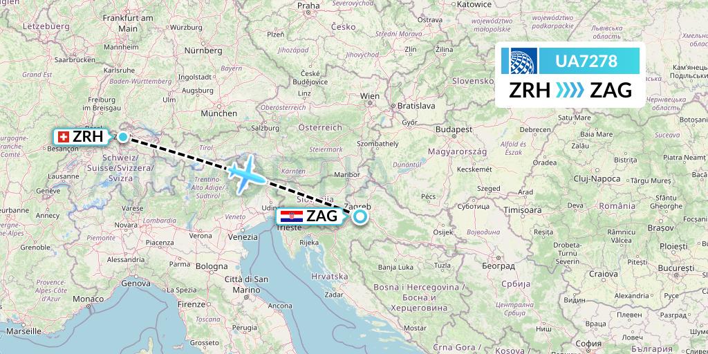 UA7278 United Airlines Flight Map: Zurich to Zagreb