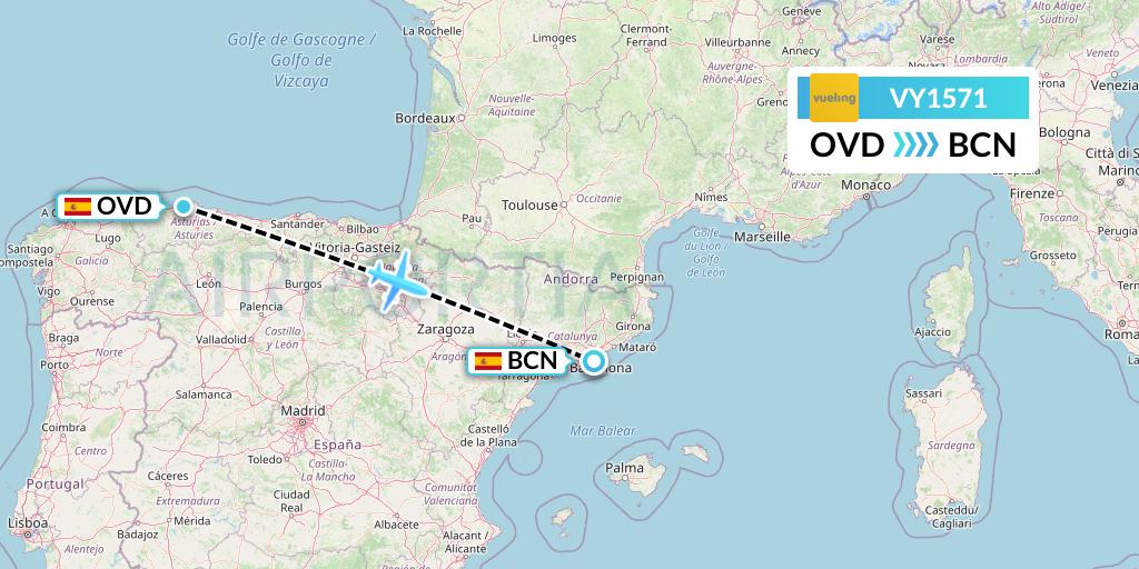 VY1571 Vueling Flight Map: Asturias to Barcelona