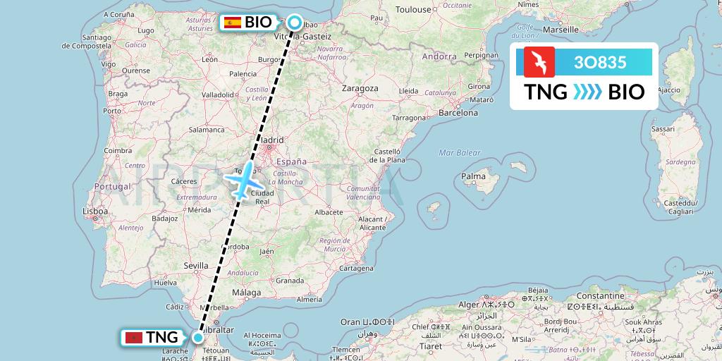 3O835 Air Arabia Maroc Flight Map: Tangier to Bilbao
