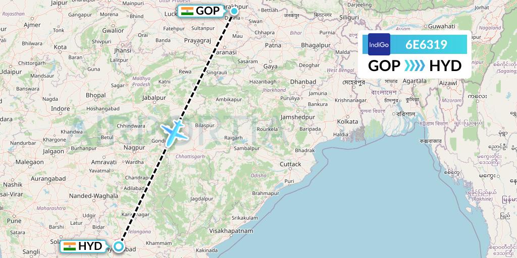 6E6319 IndiGo Airlines Flight Map: Gorakhpur to Hyderabad