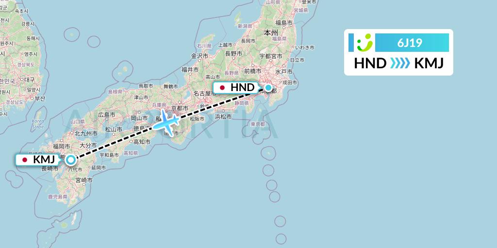 6J19 Solaseed Air Flight Map: Tokyo to Kumamoto