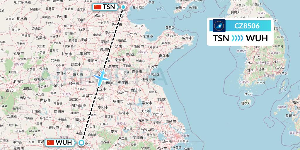 CZ8506 China Southern Airlines Flight Map: Tianjin to Wuhan