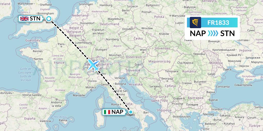 FR1833 Ryanair Flight Map: Naples to London