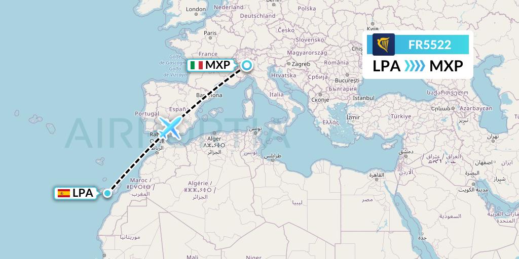 FR5522 Ryanair Flight Map: Las Palmas to Milan