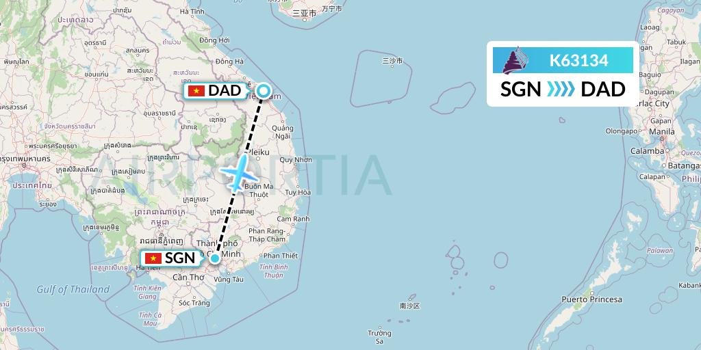 K63134 Cambodia Angkor Air Flight Map: Ho Chi Minh City to Da Nang