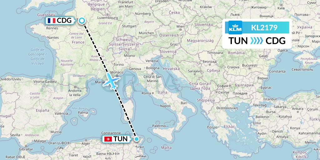 KL2179 KLM Flight Map: Tunis to Paris