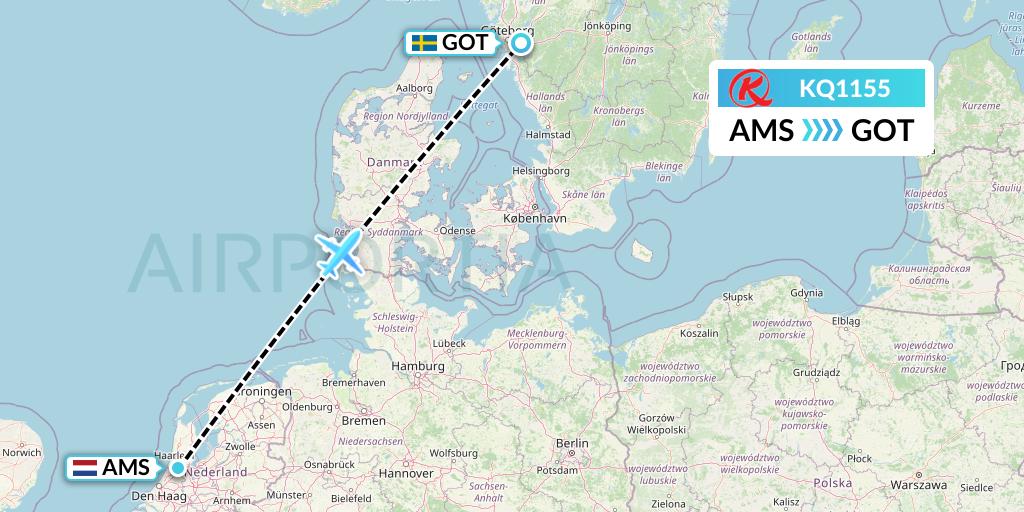 KQ1155 Kenya Airways Flight Map: Amsterdam to Gothenburg