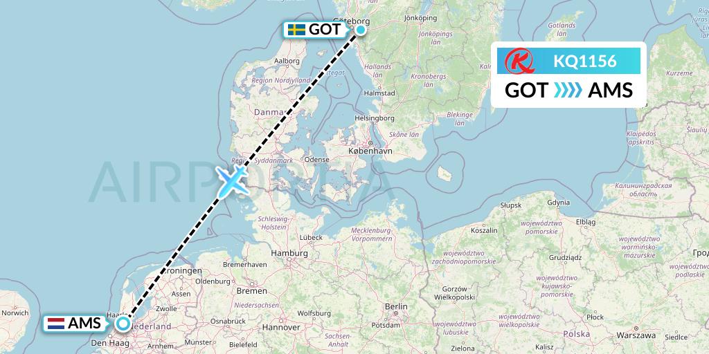 KQ1156 Kenya Airways Flight Map: Gothenburg to Amsterdam