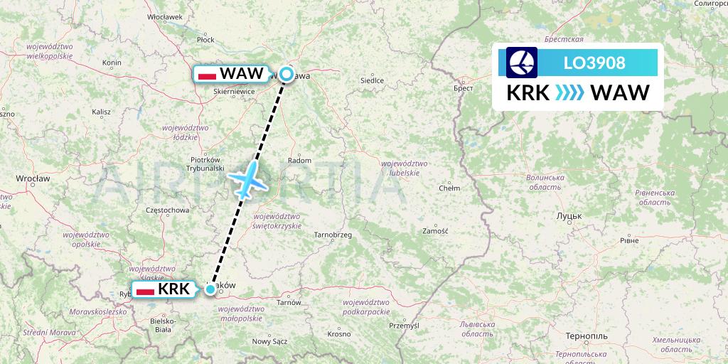 LO3908 LOT Flight Map: Krakow to Warsaw