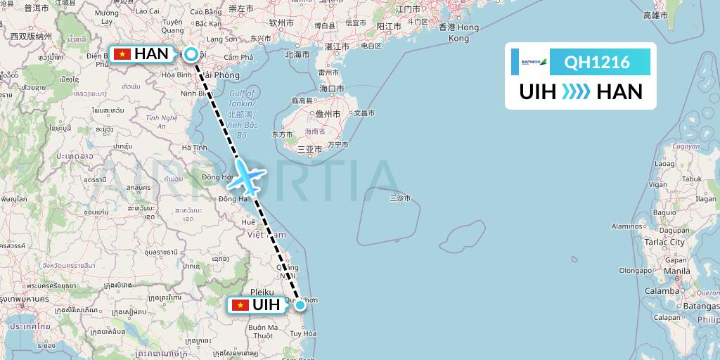 QH1216 Bamboo Airways Flight Map: Qui Nhon to Hanoi