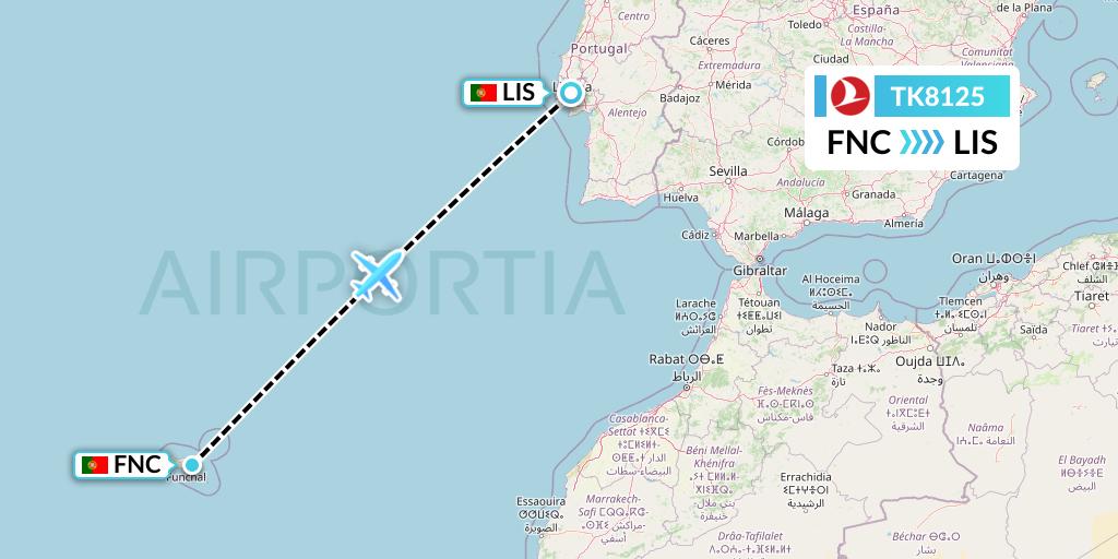 TK8125 Turkish Airlines Flight Map: Funchal to Lisbon
