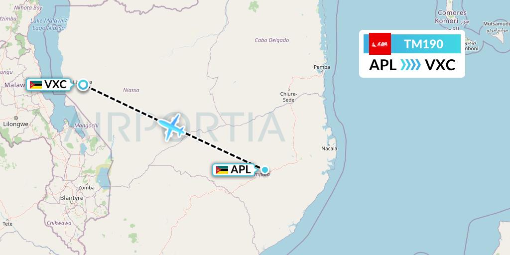 TM190 LAM Mozambique Airlines Flight Map: Nampula to Lichinga